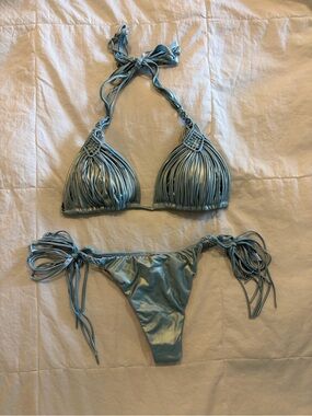 Women’s Metallic Light Blue Fringe Tie Bikini Set in Medium